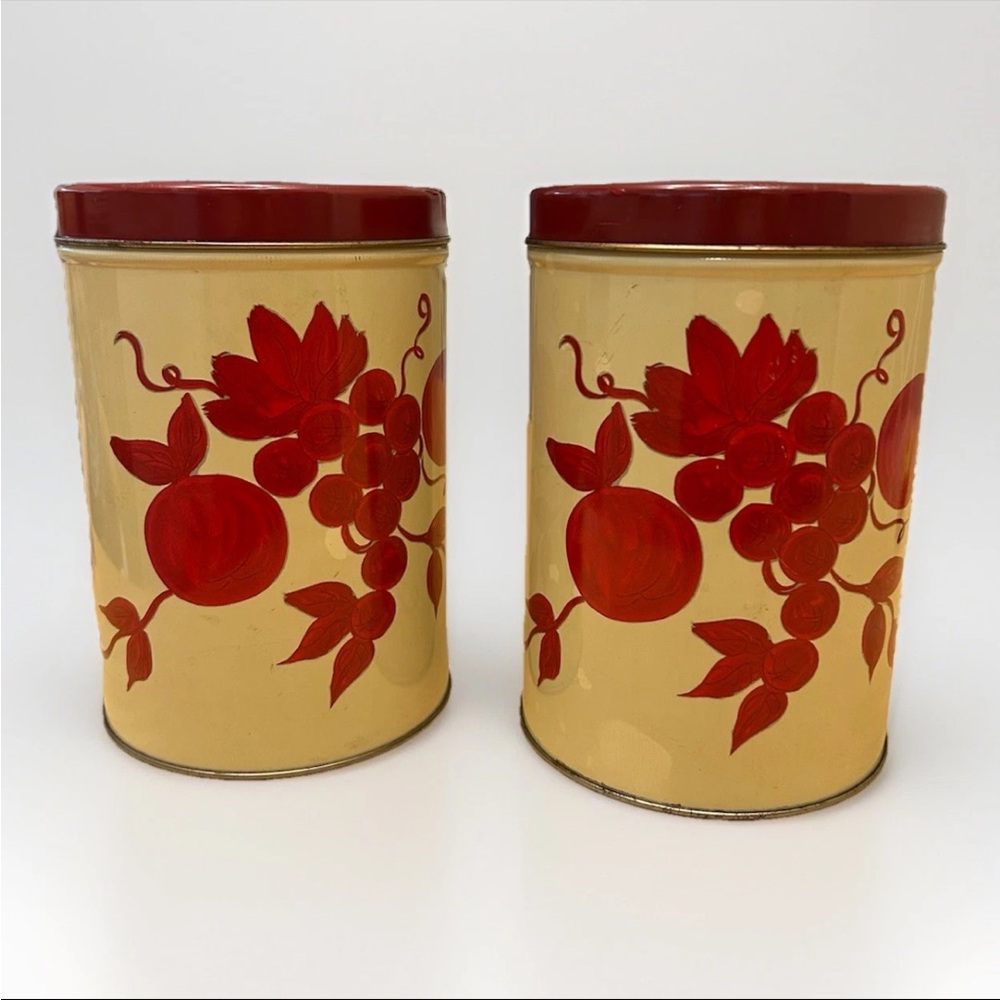 Set of 2 Vintage Metal Kitchen Canisters Grapes & Apples Red/Cream